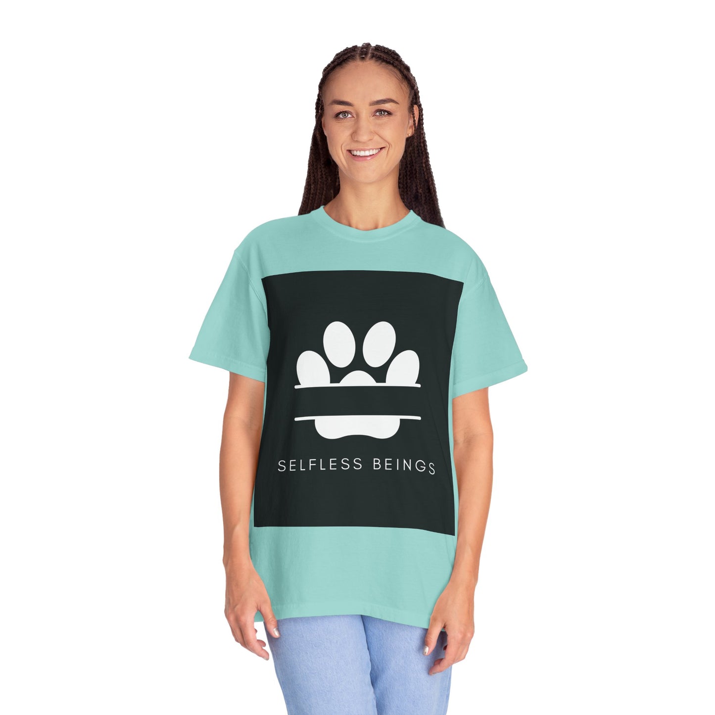 Unisex Dog Lover T-Shirt With Design of Dog's White Paw Print Whose Metacarpal is Split and Caption Selfless Beings