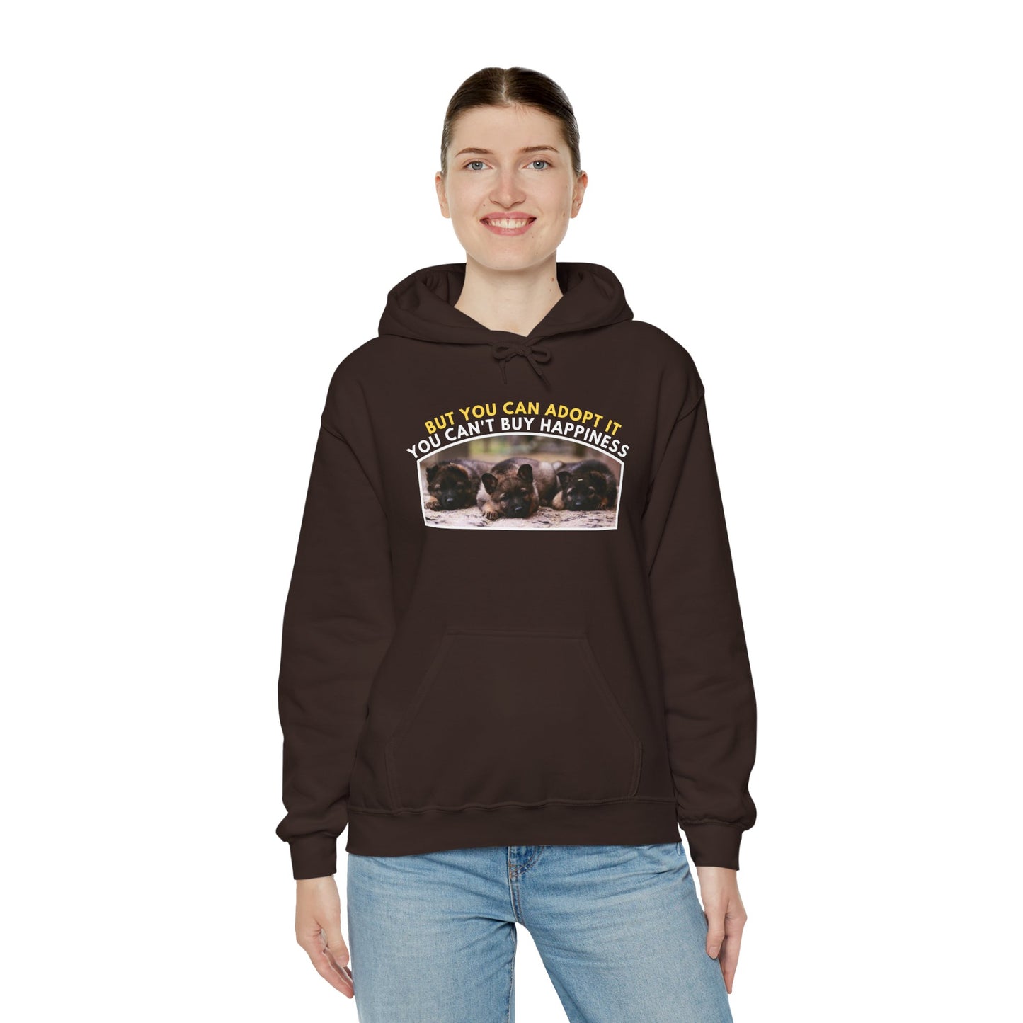 Unisex Dog Lover Hoodie With Three Cute German Shepherd Puppies Sitting in a Row and Caption You Can't Buy Happiness But You Can Adopt It