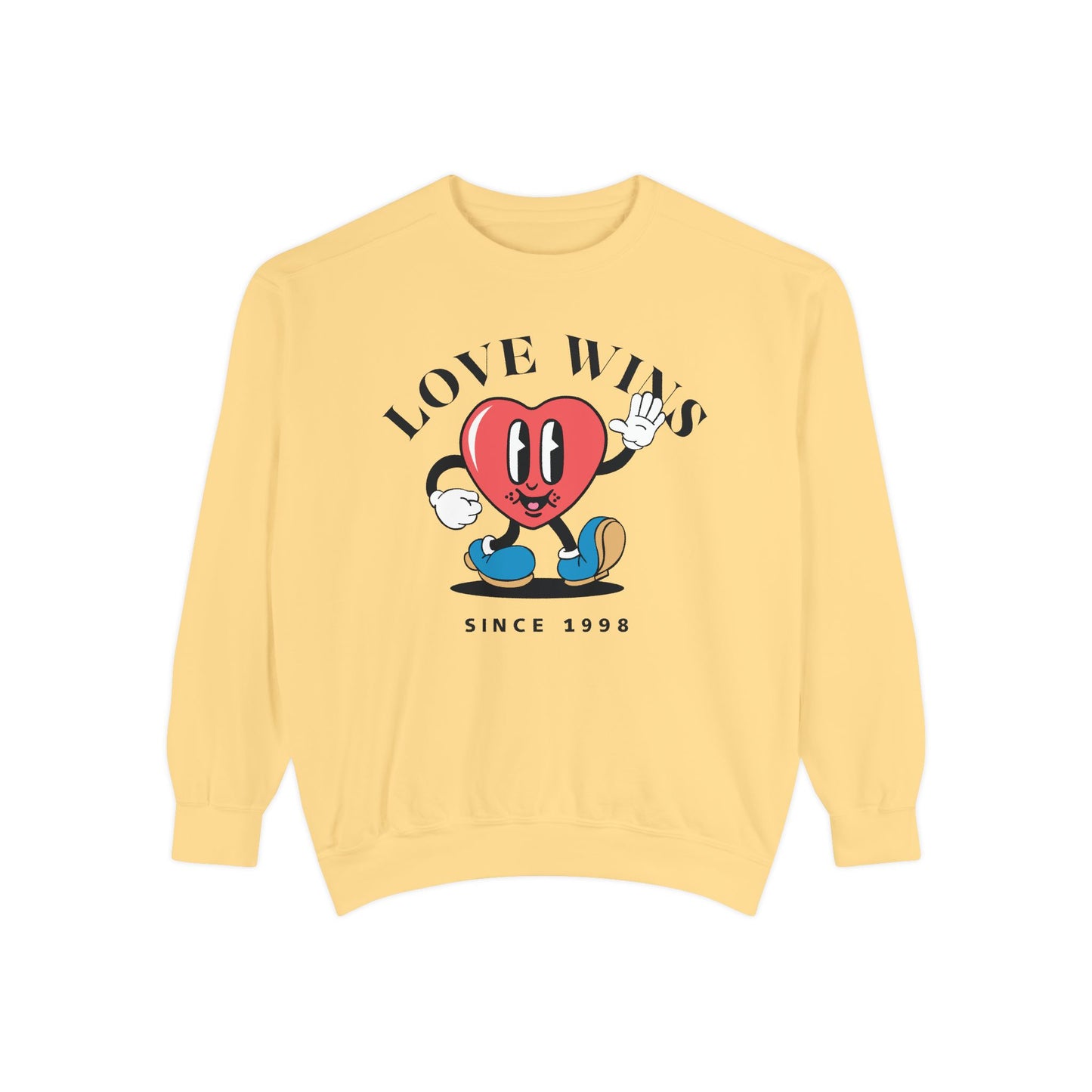 Unisex Valentine's Day Vintage Sweatshirt With a Heart Character and Caption Love Wins
