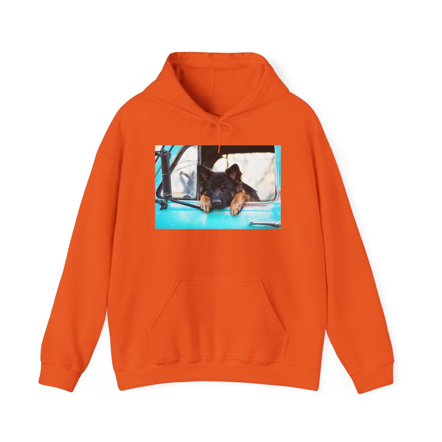 Unisex Dog Lover Hoodie With German Shepherd Puppy Putting His Head and Front Legs On The Truck Seat's Window