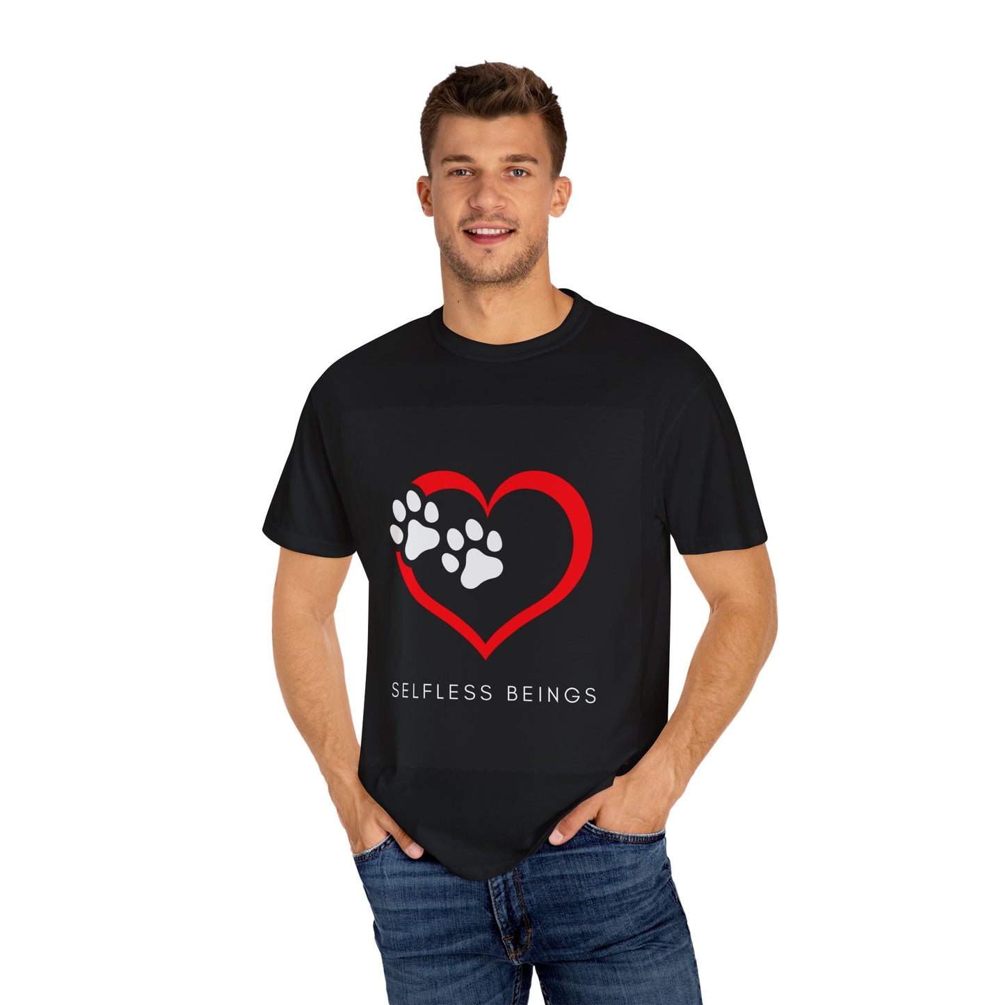 Unisex Dog Lover T-Shirt With Graphic of Red Heart That Contains Two White Dog Paw Prints and Caption Selfless Beings