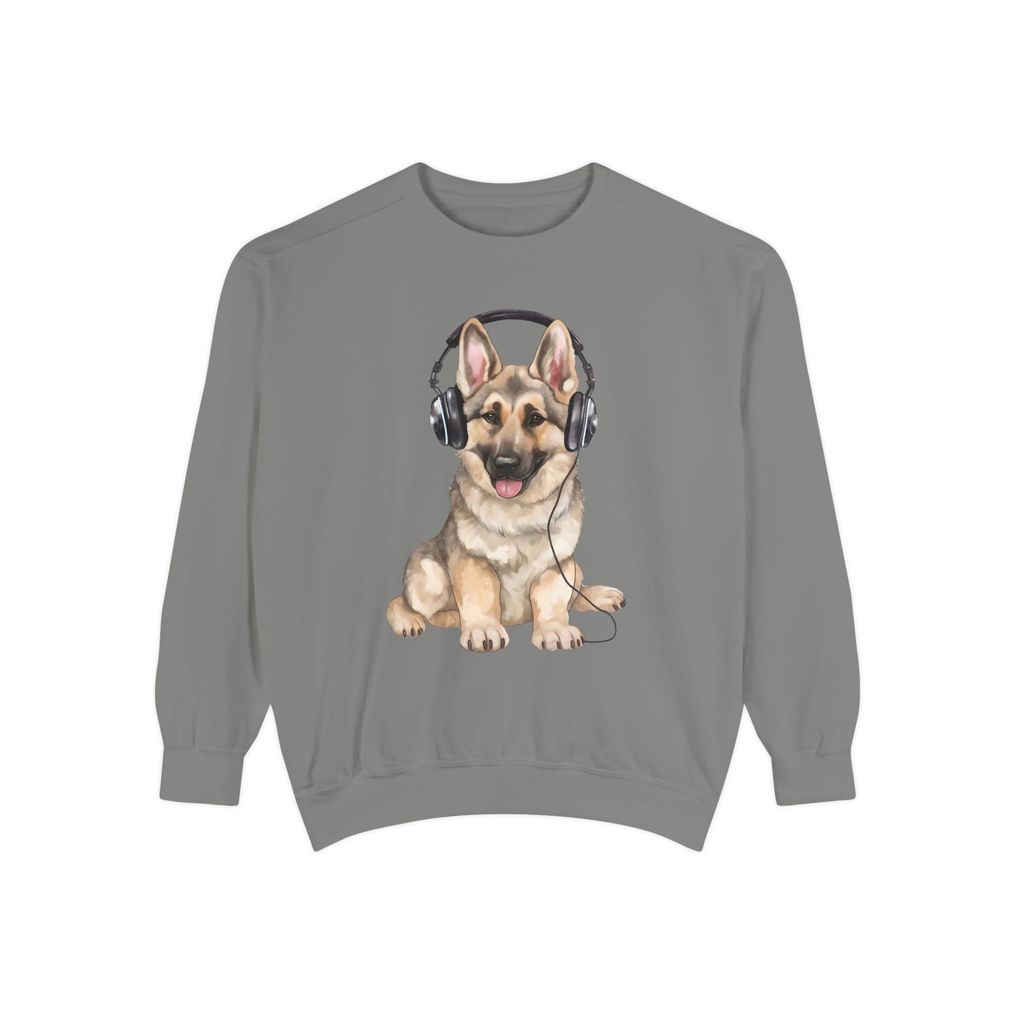 Unisex Dog Lover Sweatshirt With a German Shepherd Wearing Headphones Enjoying Music
