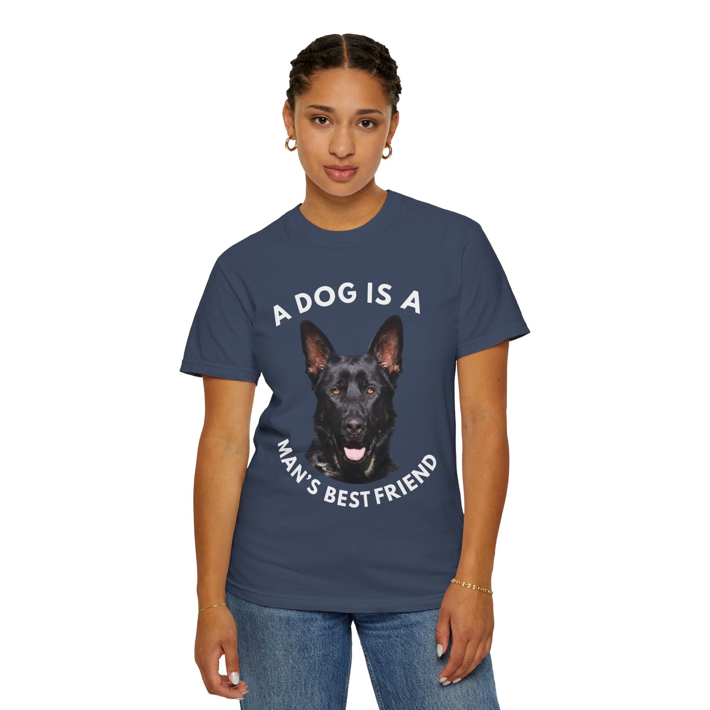 Unisex T-Shirt With Close Up Face of Giant German Shepherd and Quote A Dog Is A Man's Best Friend