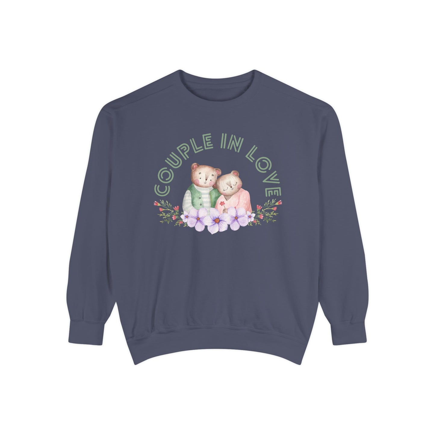Unisex Valentine's Day Sweatshirt With Two Teddy Bears On Flowers and Caption Couple In Love