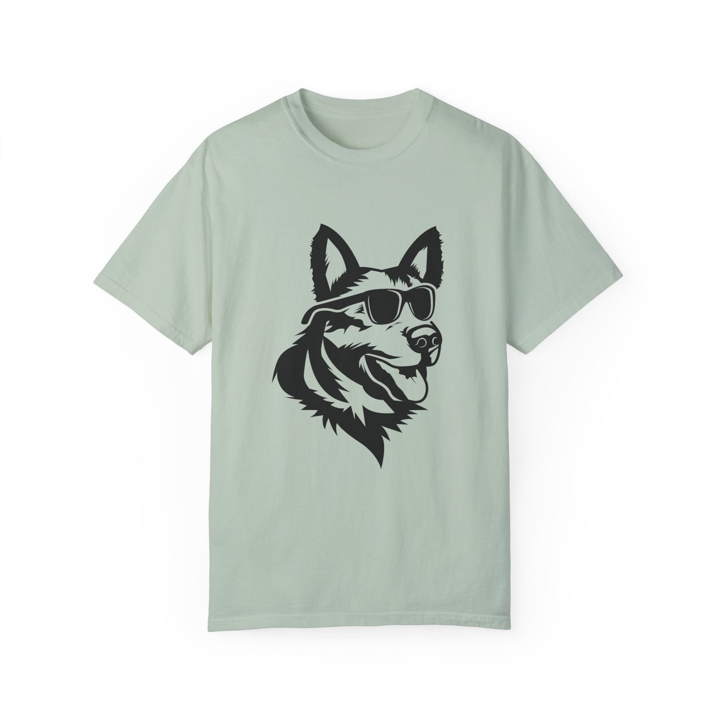 Unisex Dog Lover T-Shirt With a Graphic of Close Up Faced German Shepherd Wearing Black Glasses