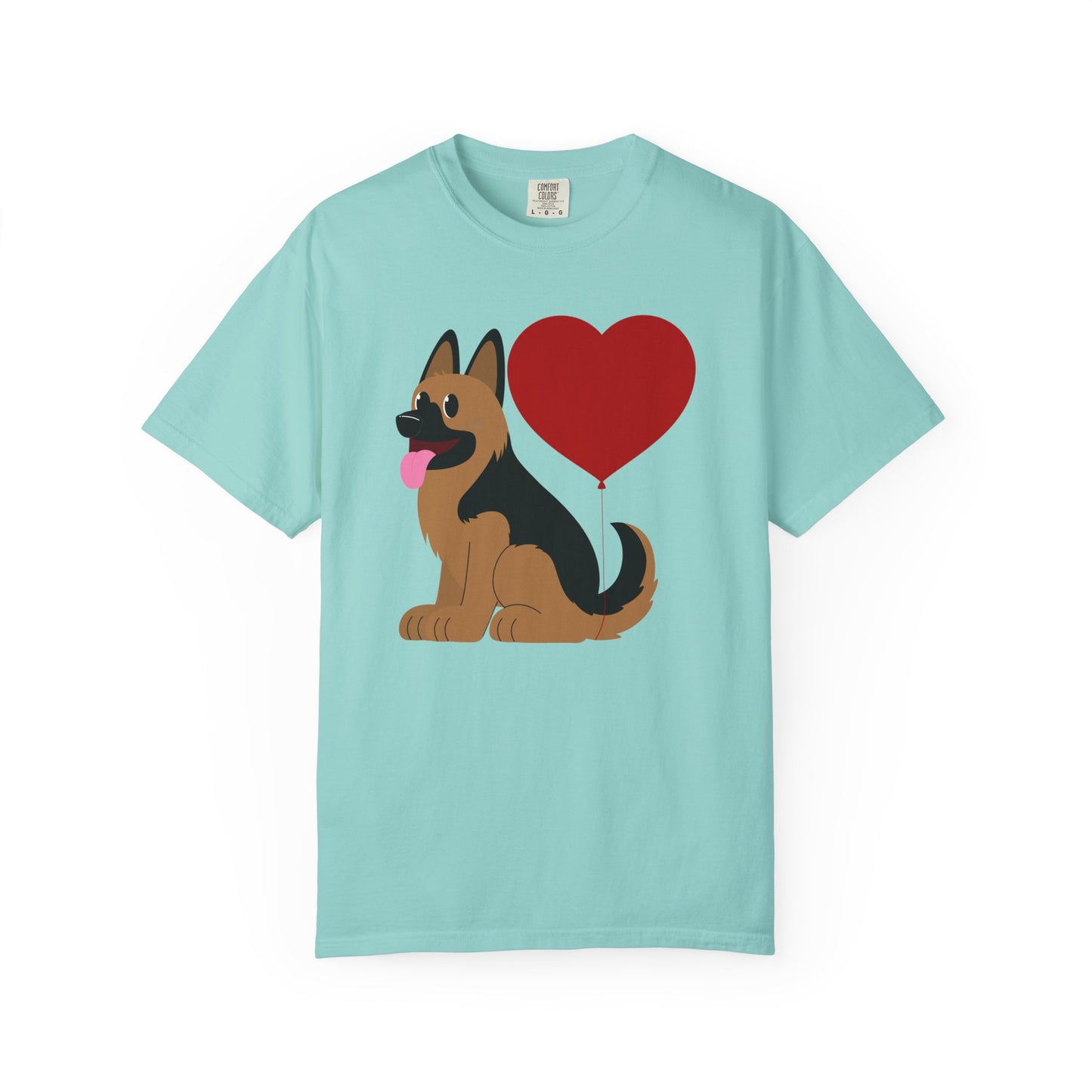 Unisex Dog Lover T-Shirt With a Graphic of German Shepherd Puppy and Heart Shaped Balloon Attached With Tail