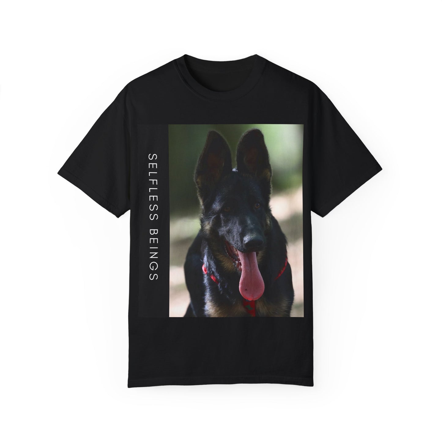 Unisex Dog Lover T-Shirt With Close Up Portrait of Slim German Shepherd Leaving His Tongue Out and Caption Selfless Beings