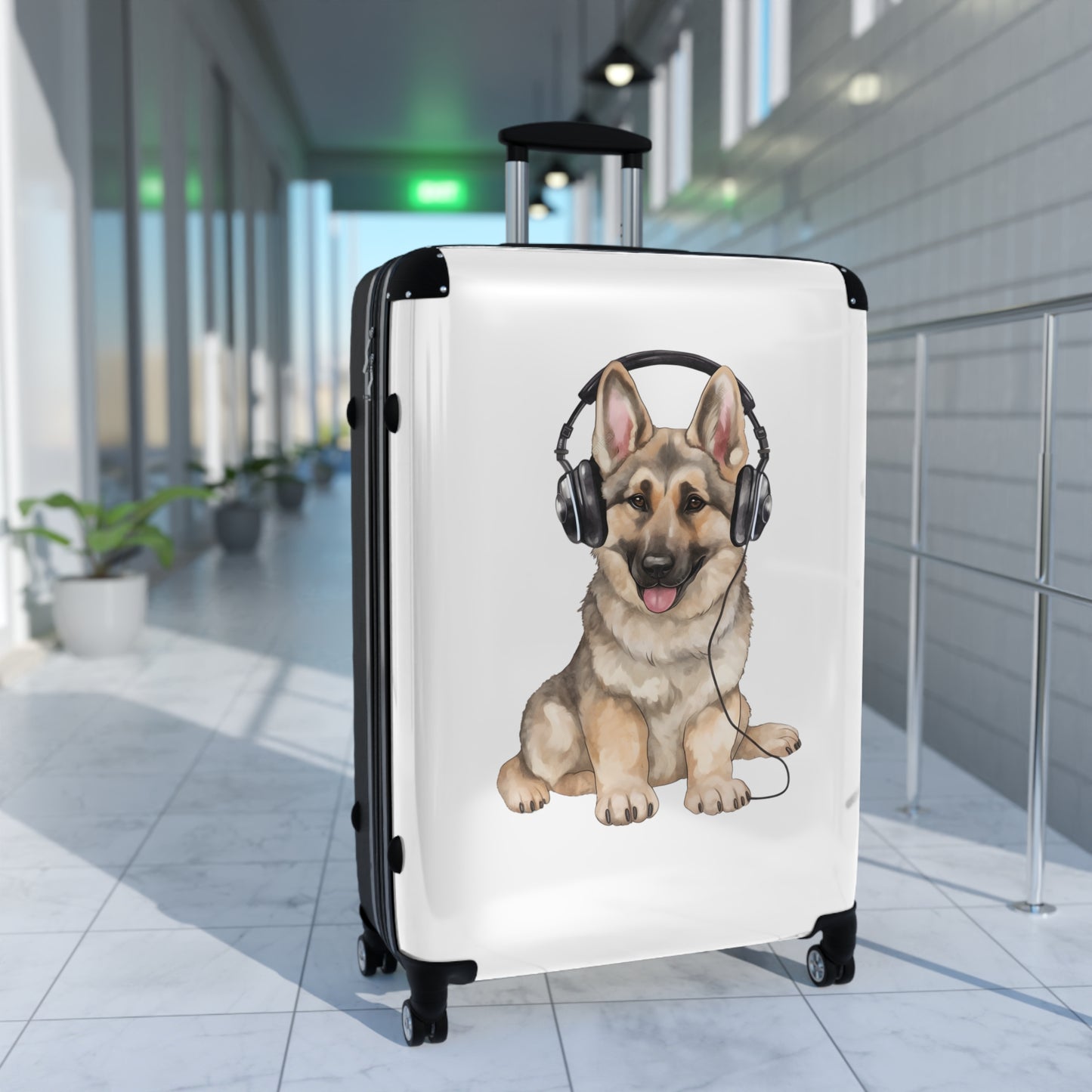 Travel Suitcase Featuring Graphic of German Shepherd Wearing Headphones Enjoying Music