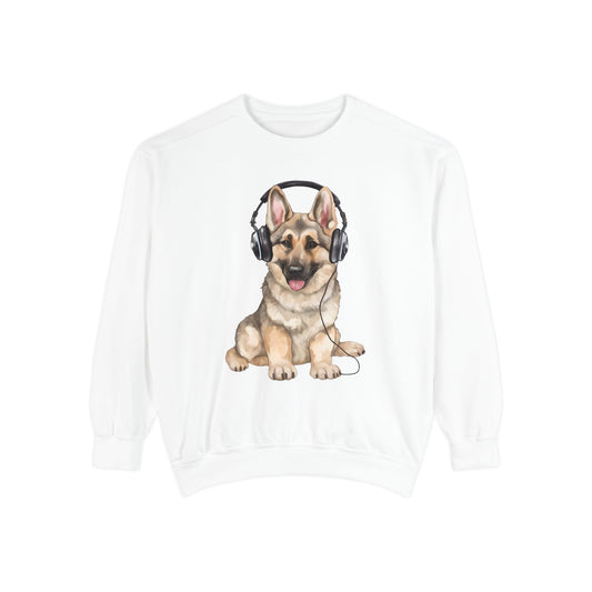Unisex Dog Lover Sweatshirt With a German Shepherd Wearing Headphones Enjoying Music