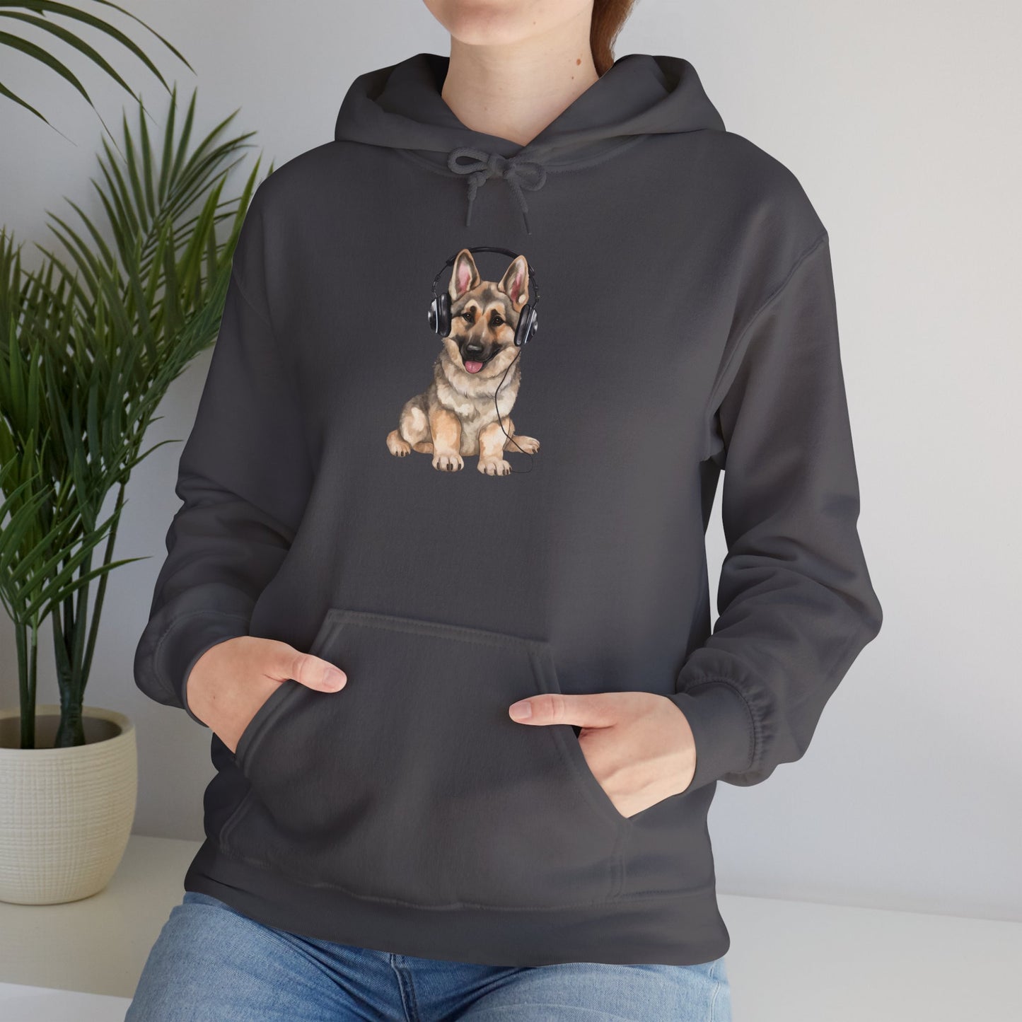 Unisex Dog Lover Hoodie With a German Shepherd Wearing Headphones Enjoying Music