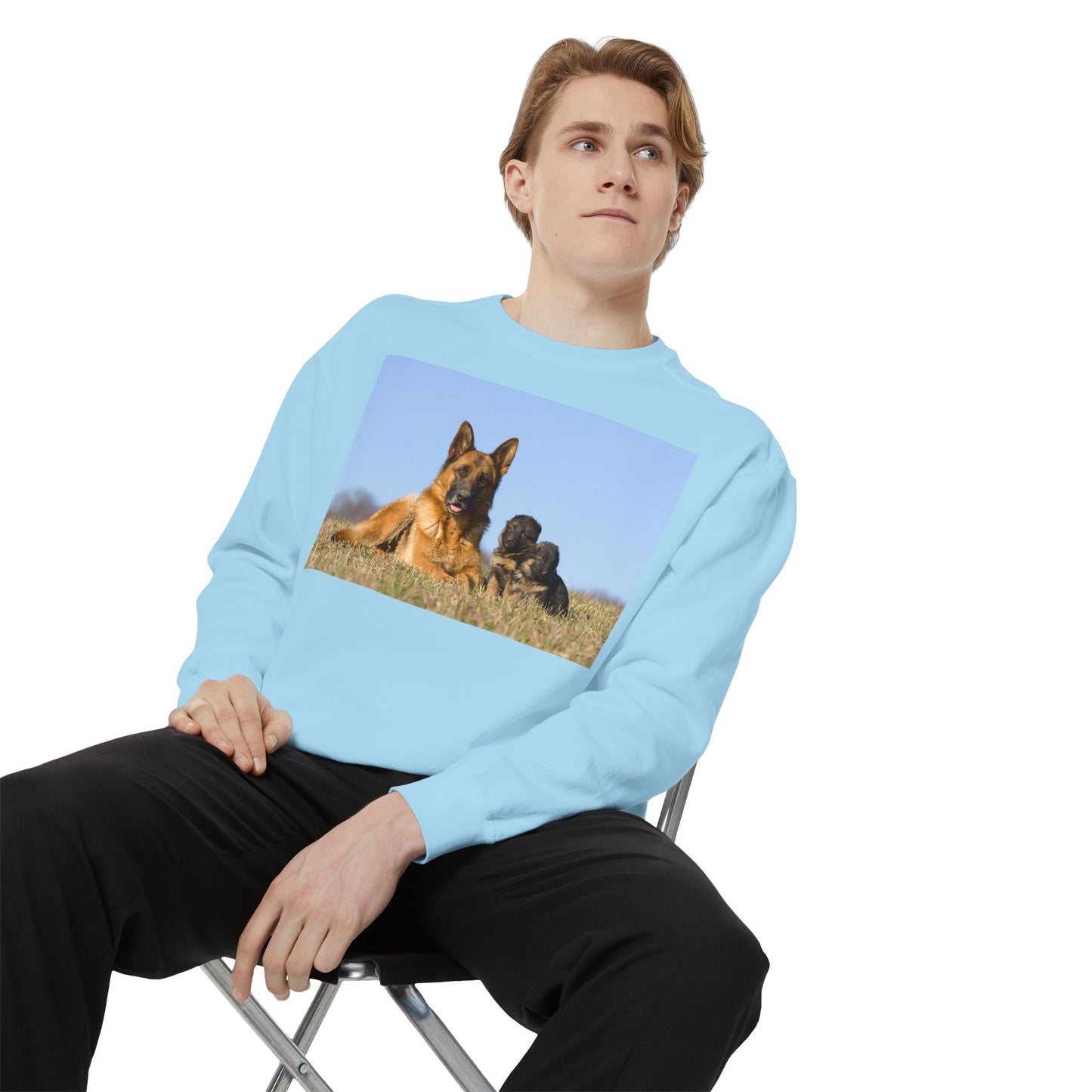 Unisex Dog Lover Sweatshirt With a German Shepherd Lying on the Grass With Two Puppies