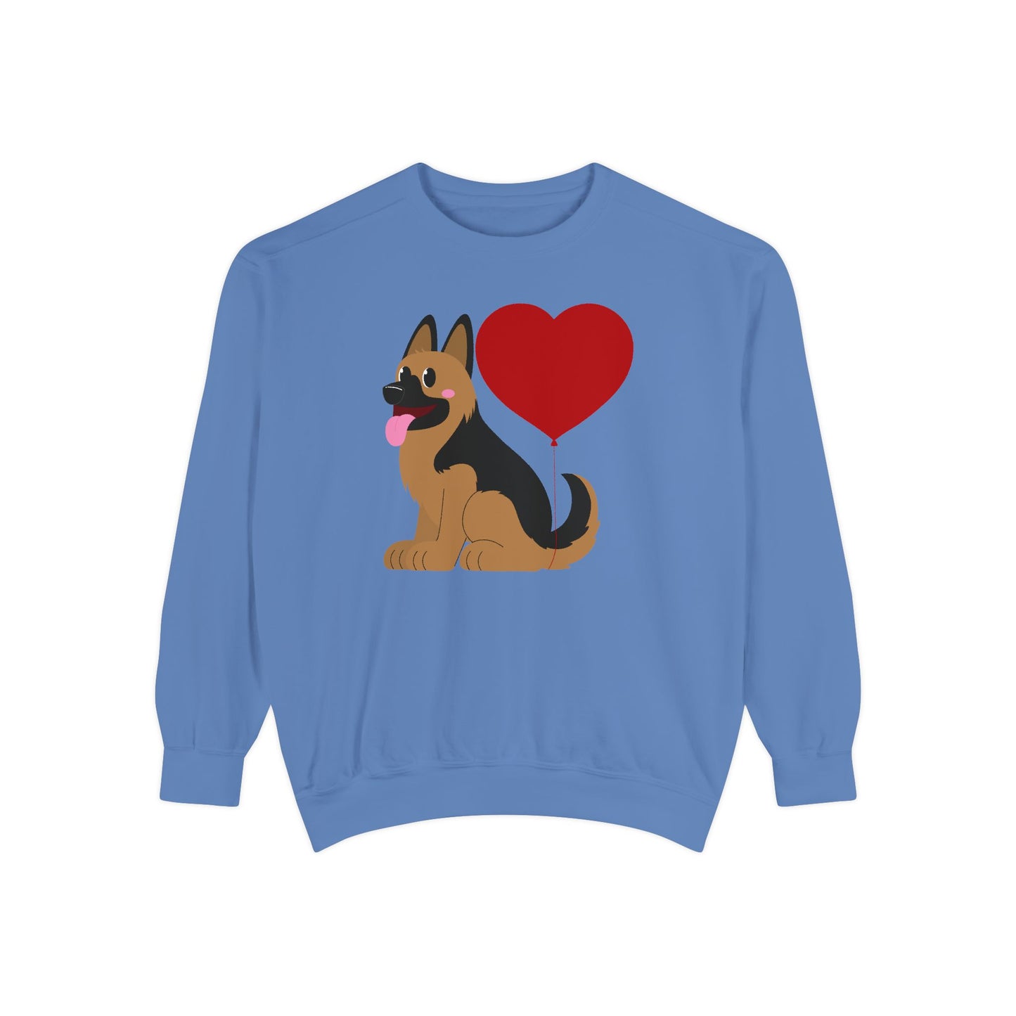 Unisex Dog Lover Sweatshirt With a Graphic of German Shepherd Puppy and Heart Shaped Balloon Attached With Tail