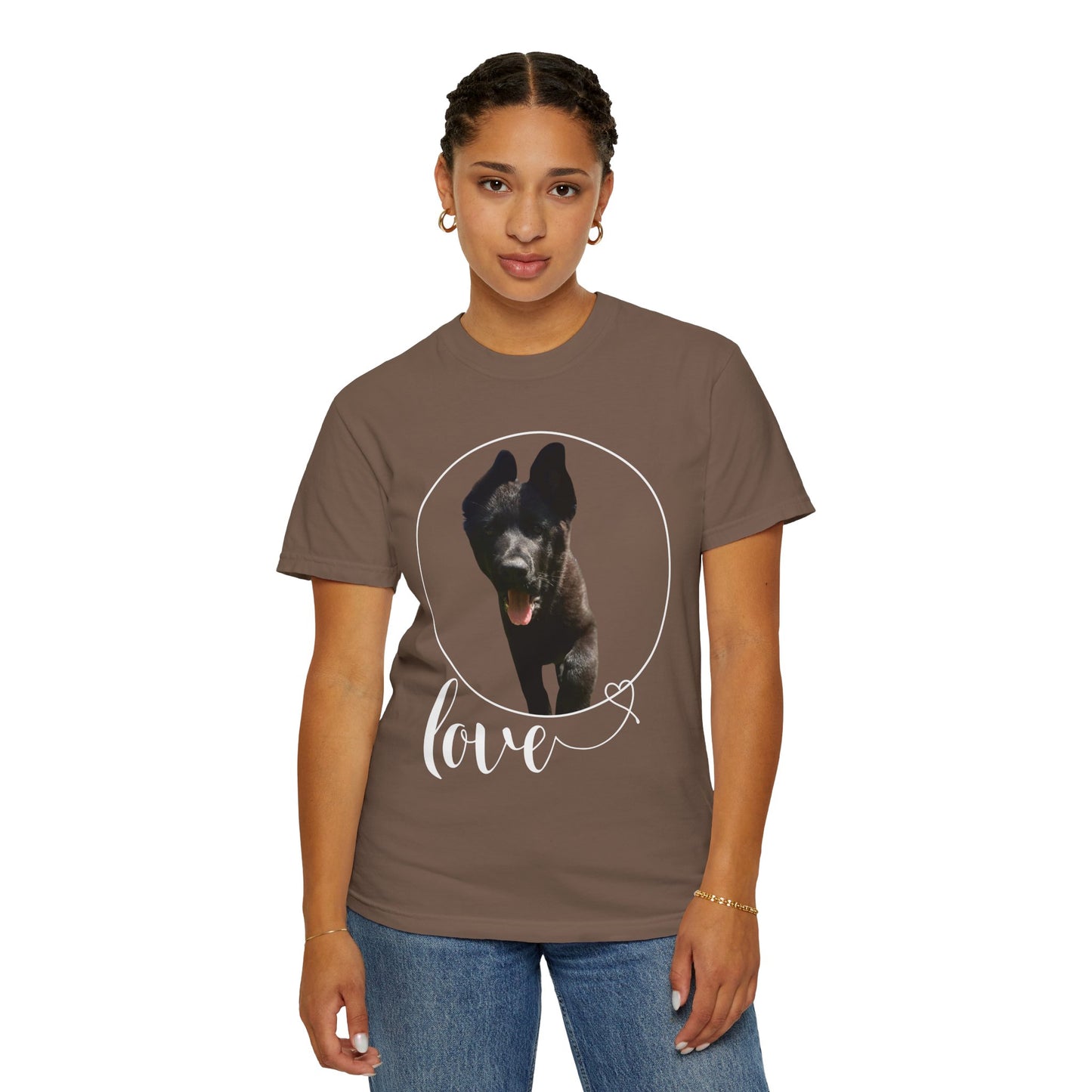 Unisex Dog Lover T-Shirt With Solid Black German Shepherd Walking On a Grass and Text Love