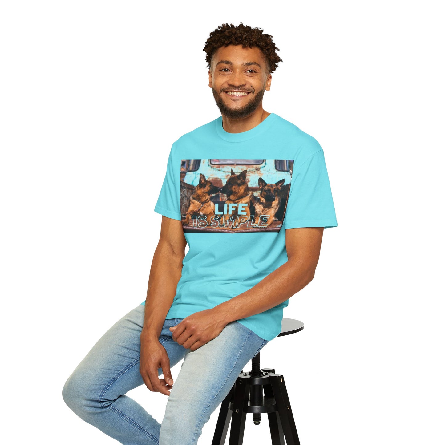Unisex Dog Lover T-Shirt With Three German Shepherds Sitting on the Truck's Cargo Bed and Caption Life is Simple
