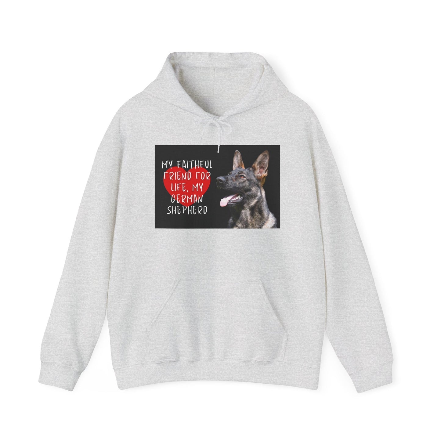 Unisex Dog Lover Hoodie With a Working Line German Shepherd and Caption Faithful Friend on Top of Red Heart