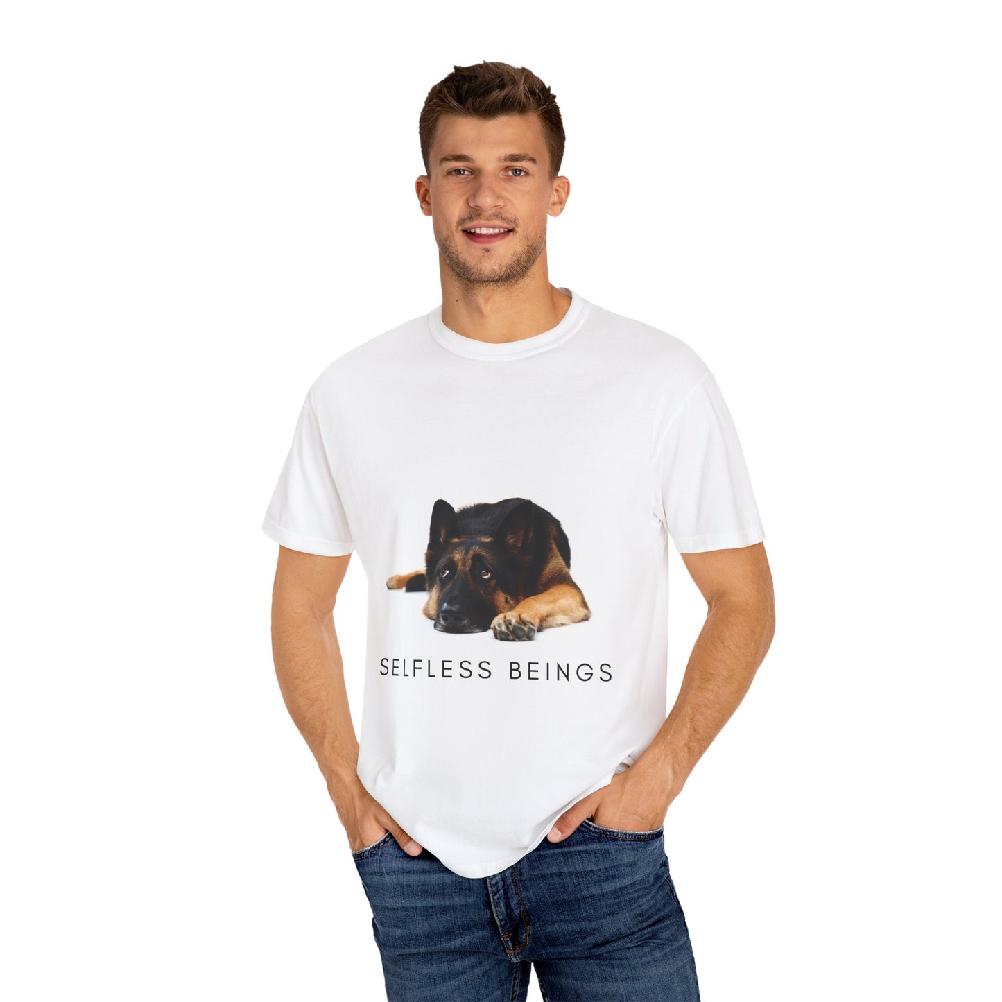 Unisex Dog Lover T-Shirt With a Bored German Shepherd Sitting in the Studio and Caption Selfless Beings