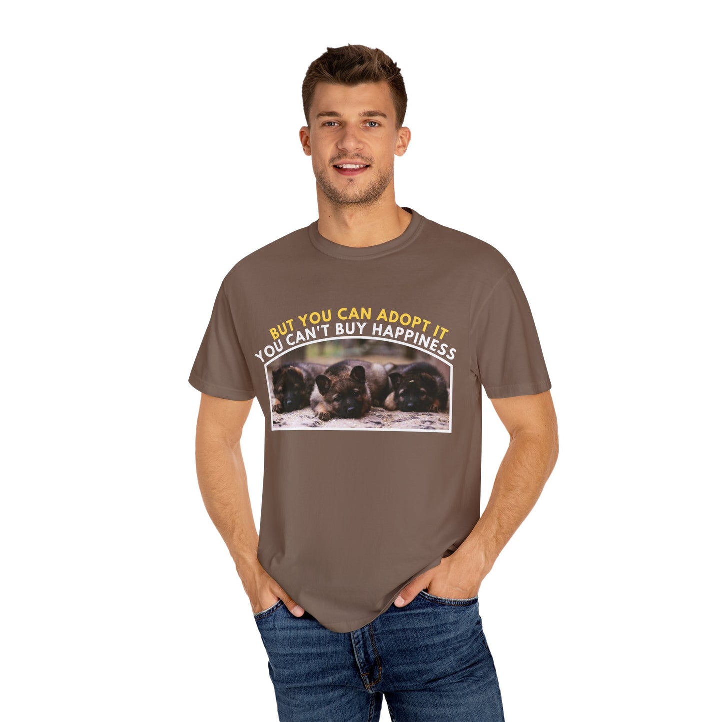 Unisex T-Shirt With Three Cute German Shepherd Puppies Sitting in a Row and Caption You Can't Buy Happiness But You Can Adopt It