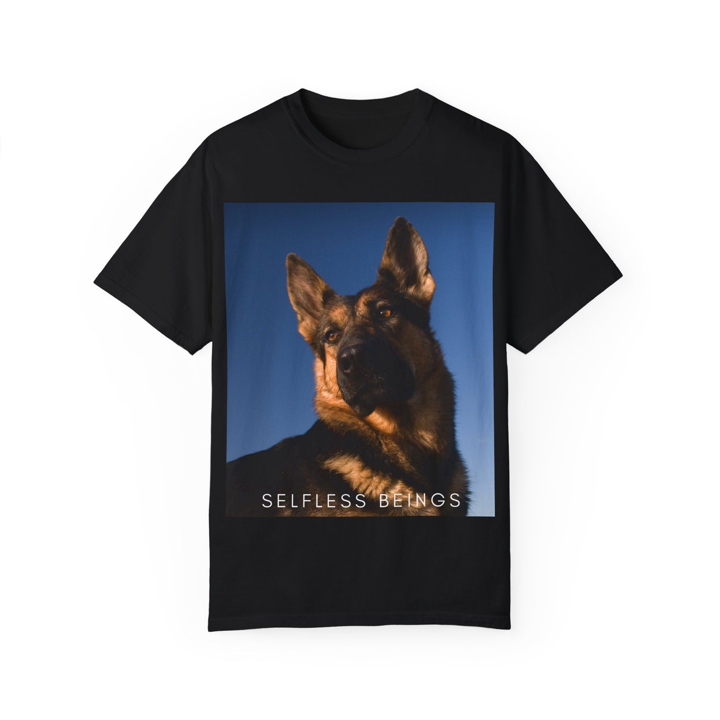 Unisex Dog Lover T-shirt With Close Up Portrait of Giant German Shepherd Turning His Head and Caption Selfless Beings