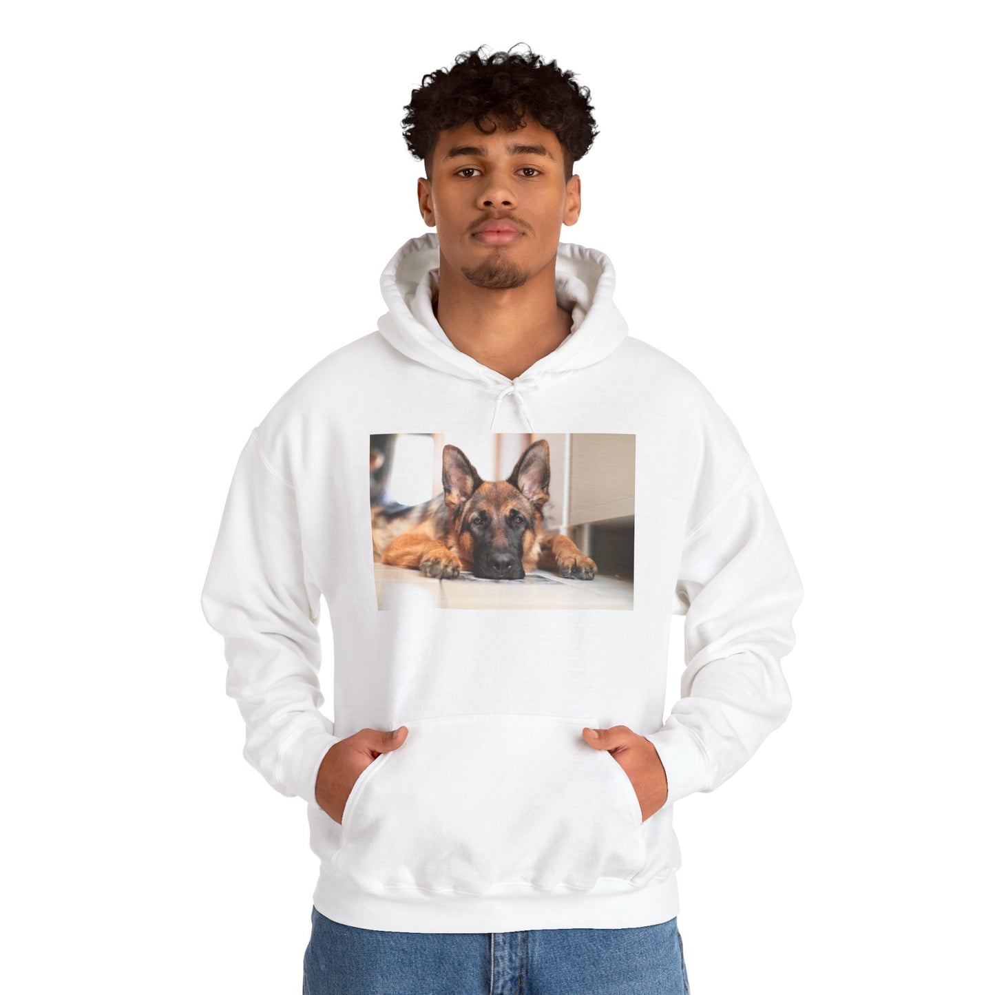A Unisex Hoodie With a German Shepherd Lying His Head on the Floor