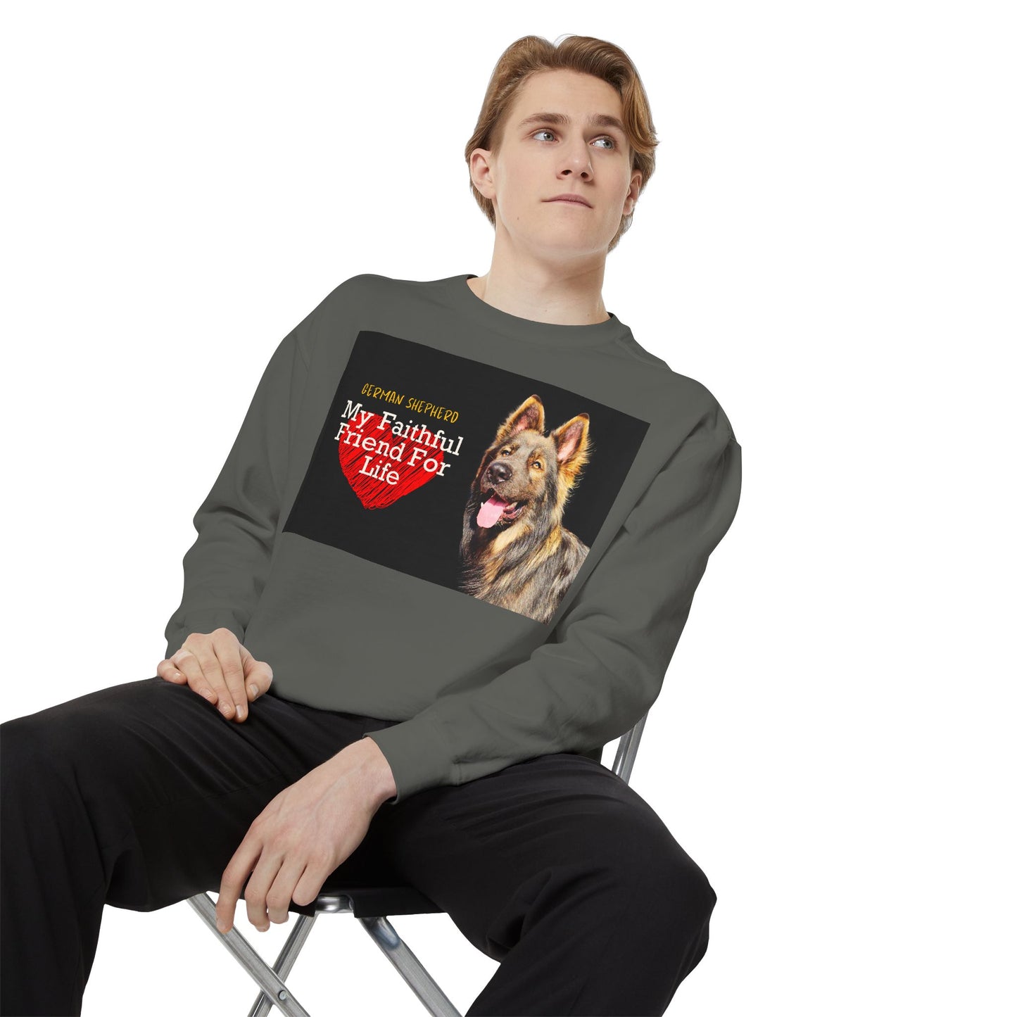 Unisex Dog Lover Sweatshirt With a Giant Old-Fashioned German Shepherd and Caption Faithful Friend on Top of Red Heart