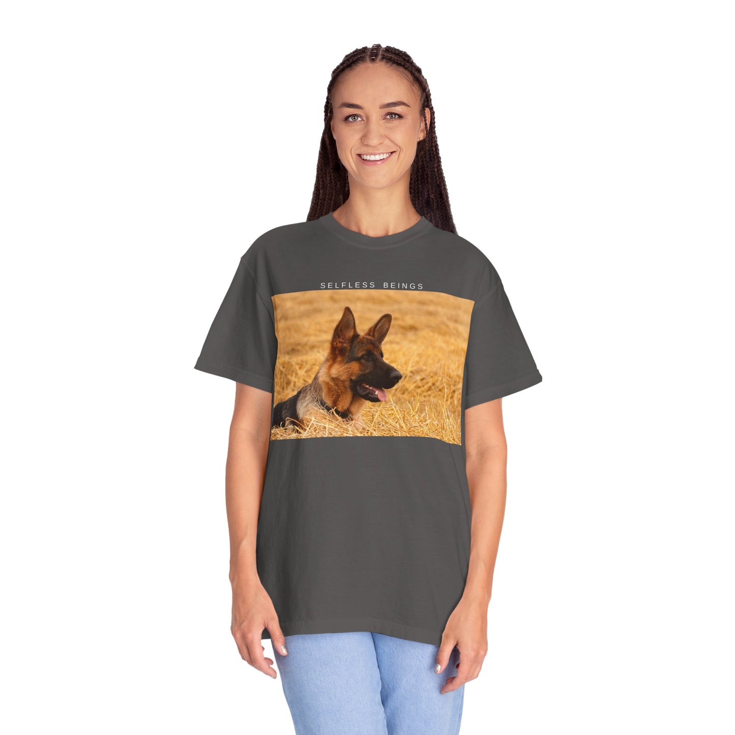 Unisex Dog Lover T-Shirt With a German Shepherd Relaxing on the Long Dry Grass and Caption Selfless Beings