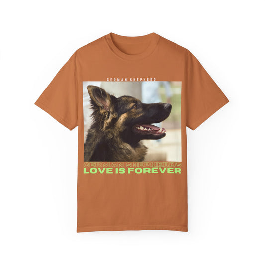 Unisex T-Shirt With Close Up Face of Working Line German Shepherd Mouth Opened and Quote A GSDs Love is Forever
