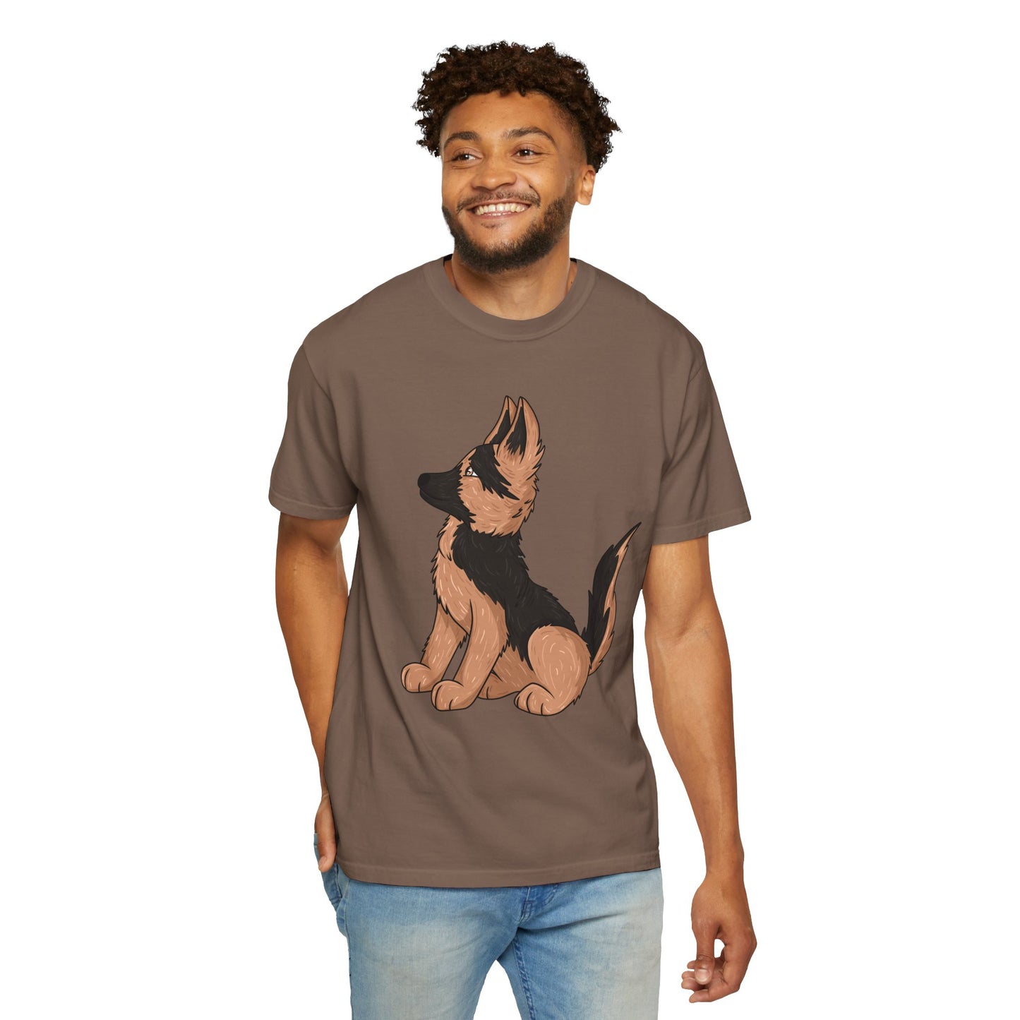 Unisex Dog Lover T-Shirt With a Graphic of Cute German Shepherd Puppy Looking Upward