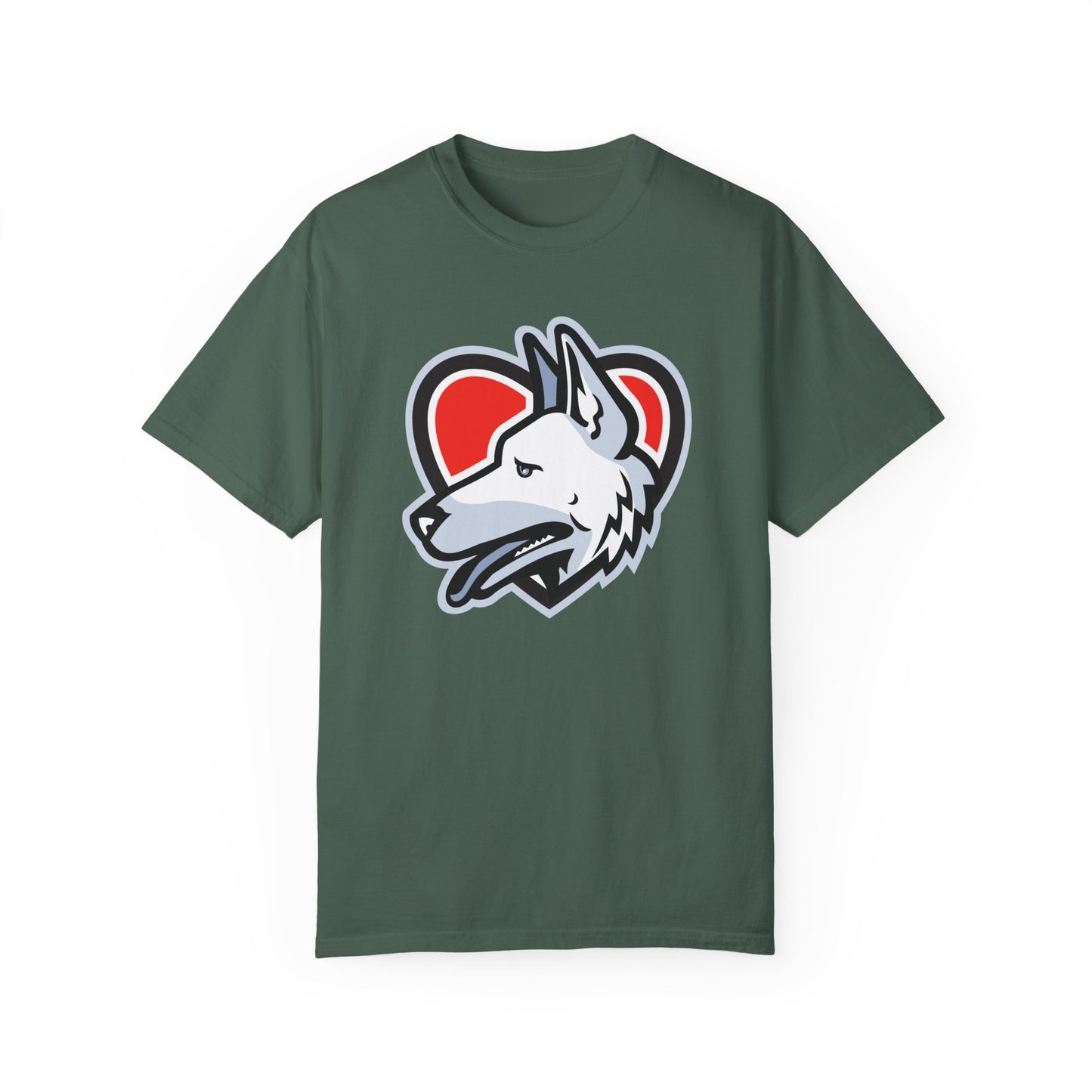 Unisex Dog Lover T-Shirt With a Close Up Graphic of German Shepherd Placed Inside Red Heart