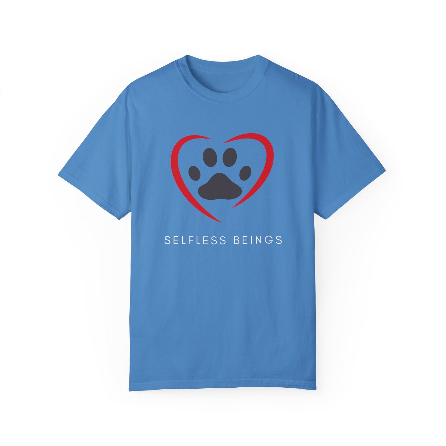 Unisex Dog Lover T-Shirt With Graphic of Curvy Heart Boundaries Contain Dog Paw Print and Caption Selfless Beings Below