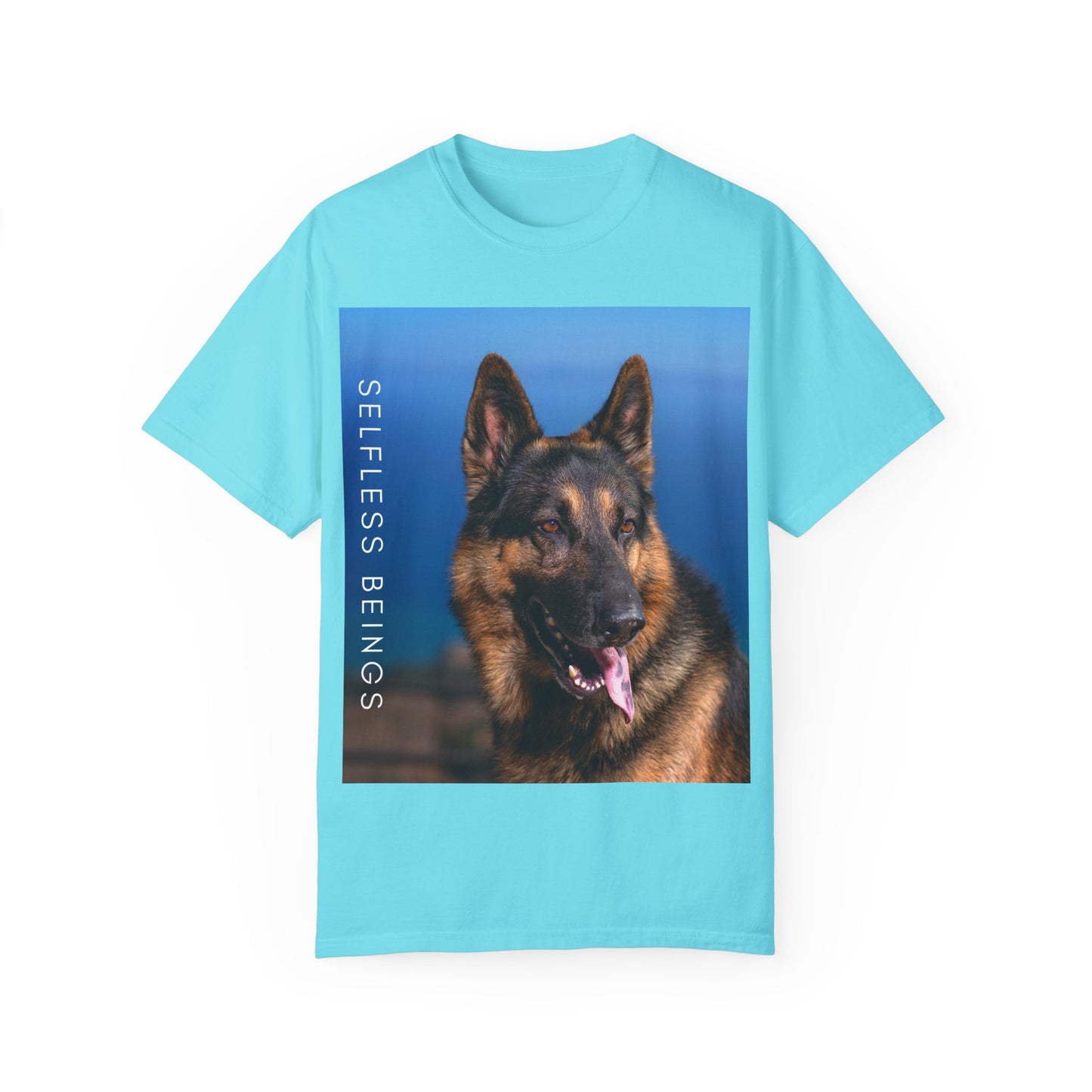 Unisex Dog Lover T-Shirt With Close Up of German Shepherd, Blue Sea in the Background and Caption Selfless Beings