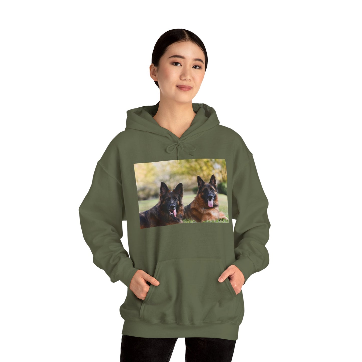 A Unisex Dog Lover Hoodie With Two German Shepherds Lying On The Ground Leaving Tongues Out