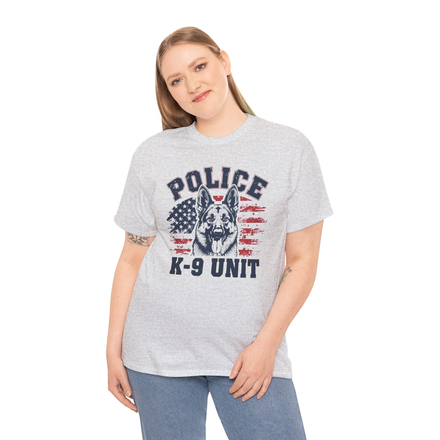 Patriotic Police K-9 Unit T-Shirt With American Flag in Background, Unisex Heavy Cotton Tee