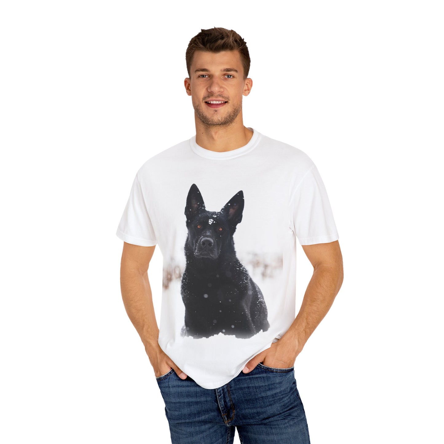 Unisex Dog Lover T-Shirt Featuring a Giant Black Working Line German Shepherd in the Snow