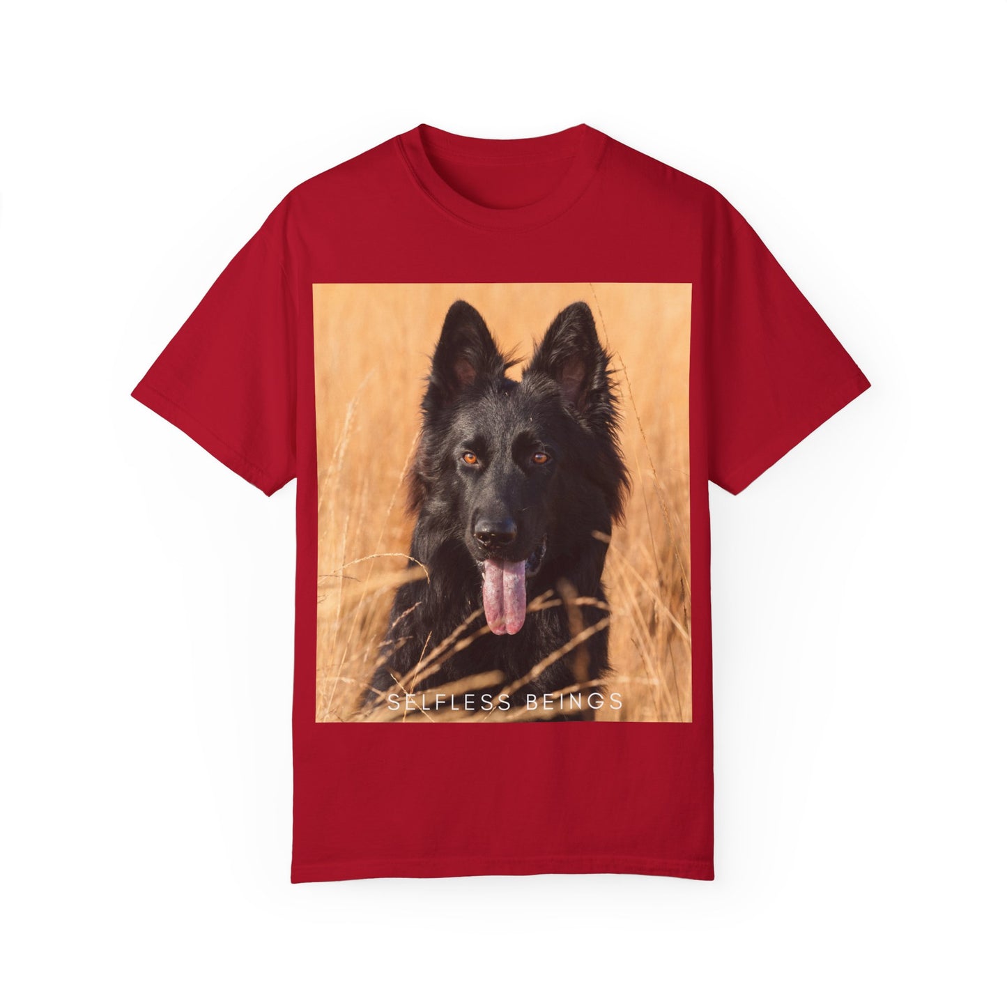 Unisex Dog Lover T-Shirt With Solid Black German Shepherd in the Middle of Long Dry Grass Leaving Tongue and Caption Selfless Beings