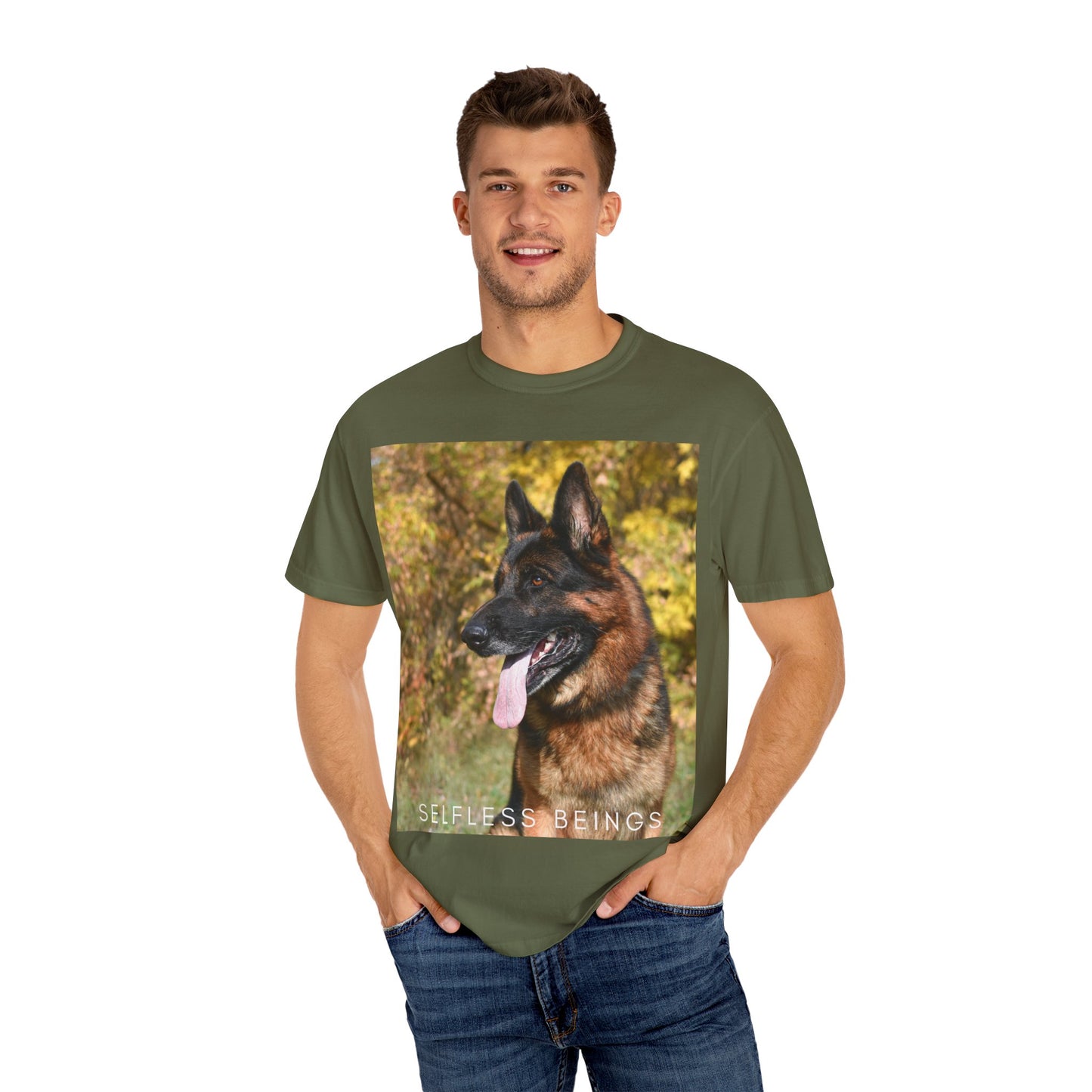 Unisex Dog Lover T-Shirt With a German Shepherd Protecting a Territory and Caption Selfless Beings