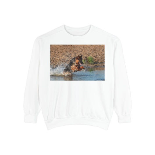 Unisex Dog Lover Sweatshirt With a Long Coat German Shepherd Jumps in the River