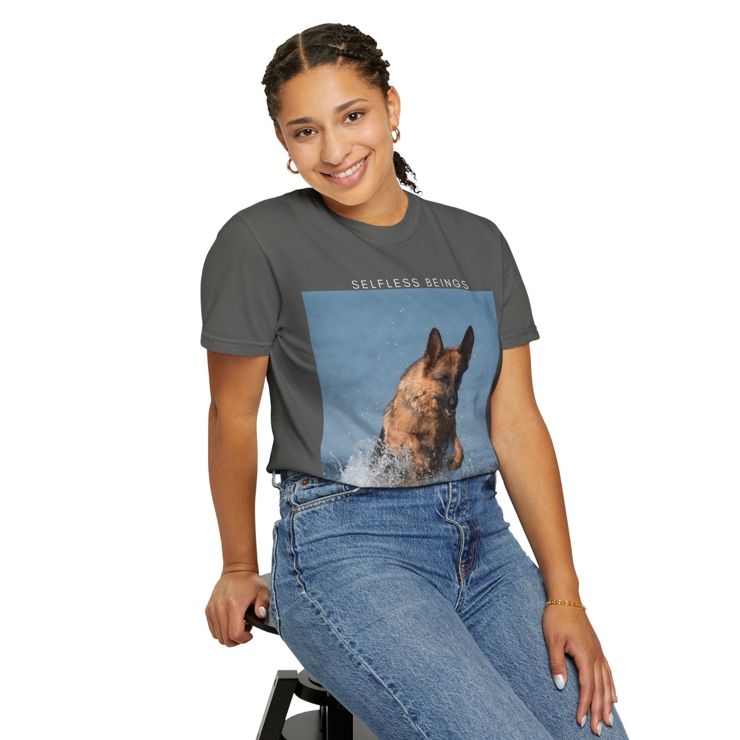 Unisex Dog Lover T-Shirt With Showline German Shepherd Swimming in the Sea and Caption Selfless Beings on Top