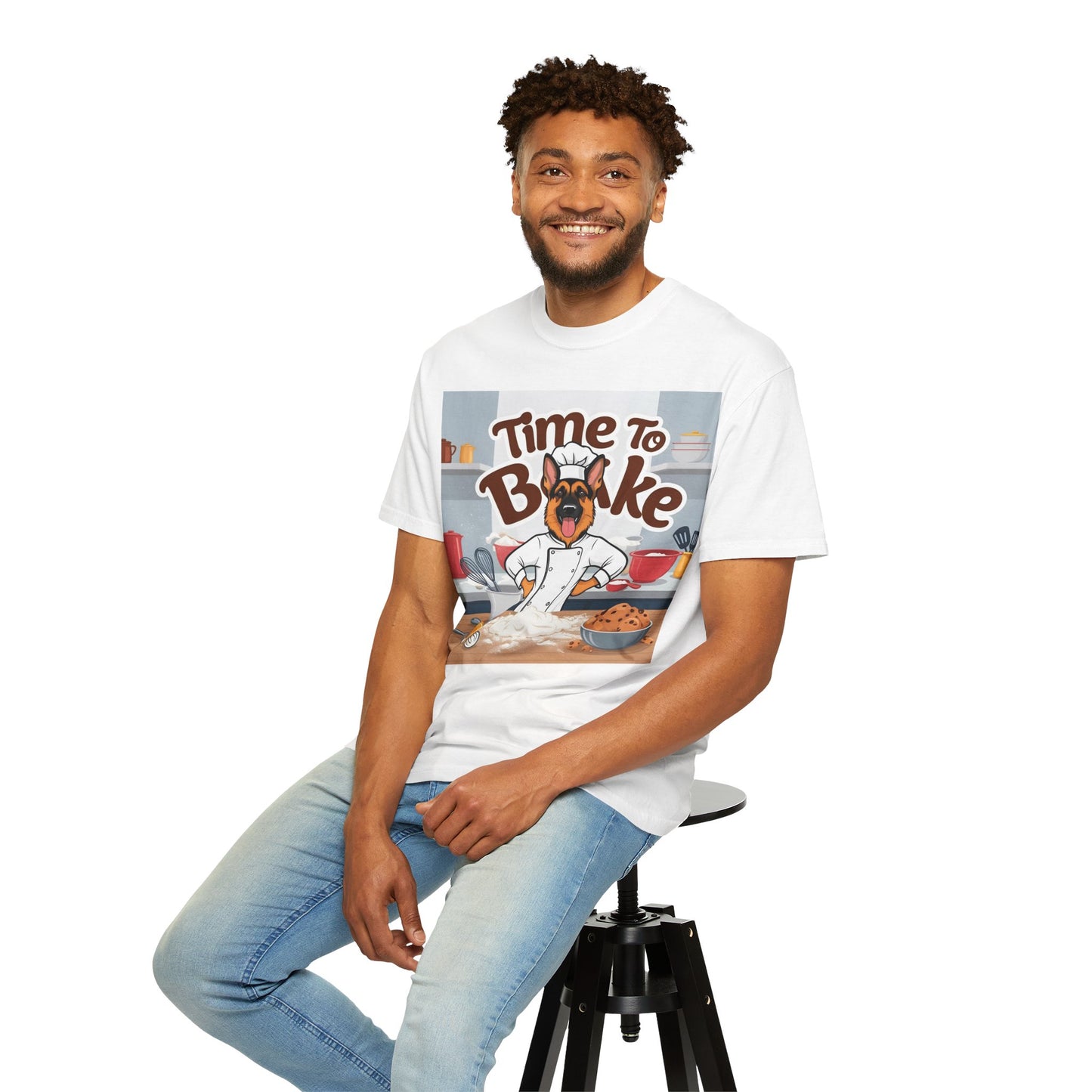 Unisex Dog Lover T-Shirt With Graphic of German Shepherd Wearing Chef Suit and Caption Time To Bake