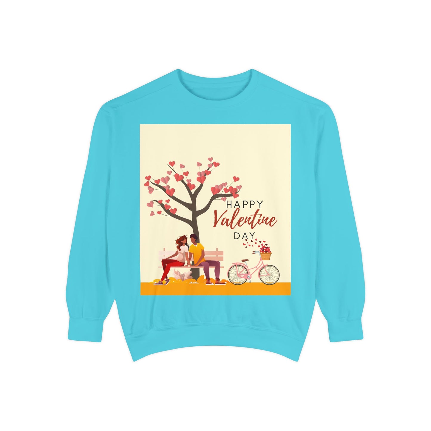 Unisex Valentine's Day Sweatshirt With Art Showing Couple Sitting on a Bench Under the Tree and Caption Happy Valentine's Day