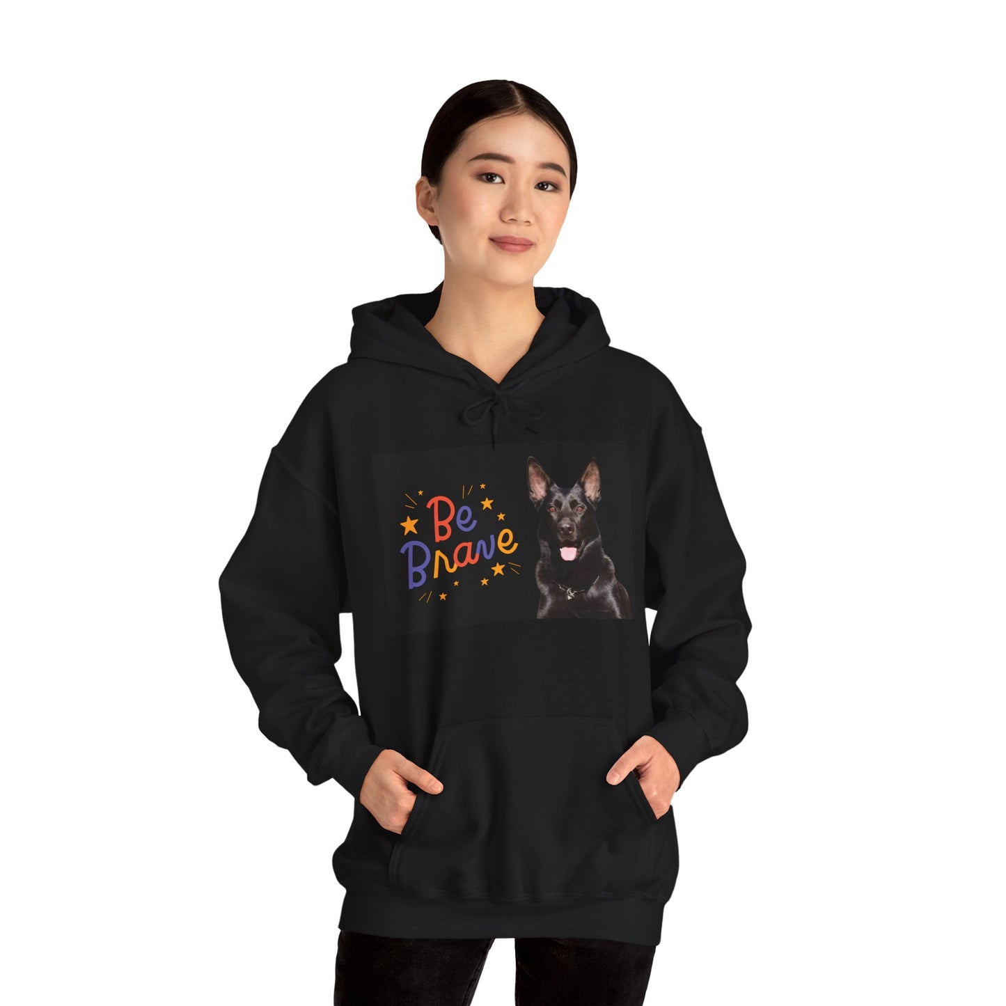 A Unisex Dog Lover Hoodie With Close Up of Solid Black German Shepherd and Caption Be Brave