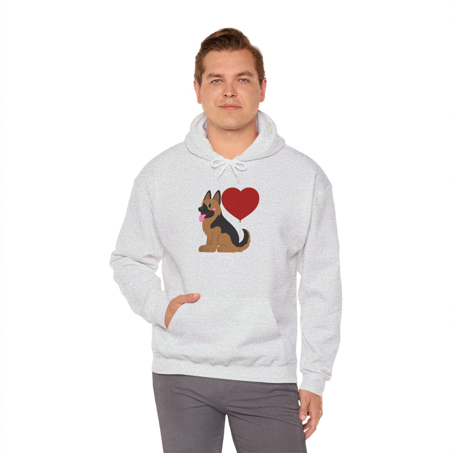 Unisex Dog Lover Hoodie With a Graphic of German Shepherd Puppy and Heart Shaped Balloon Attached With Tail
