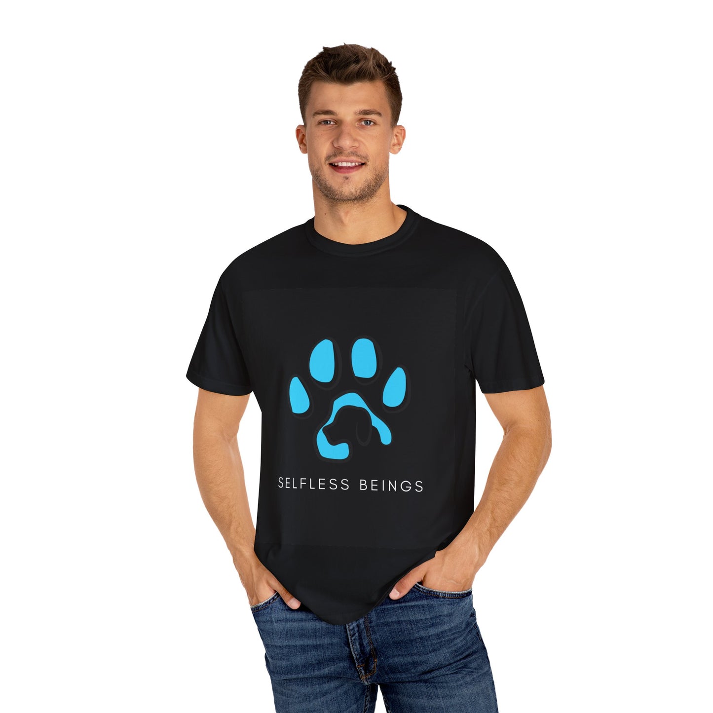 Unisex Dog Lover T-Shirt With Graphic of Blue Colored Dog Paw's Print Whose Metacarpal Contains a Design of Black Dog and Caption Selfless Beings Below