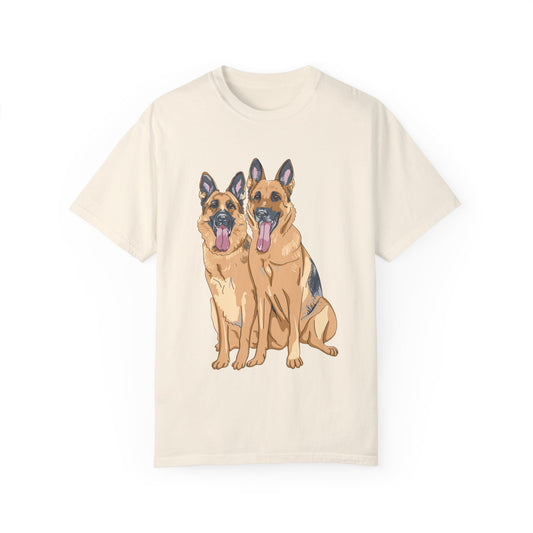Unisex T-Shirt With Graphic of Two German Shepherds Sloppily Sitting Leaving Tongue Out