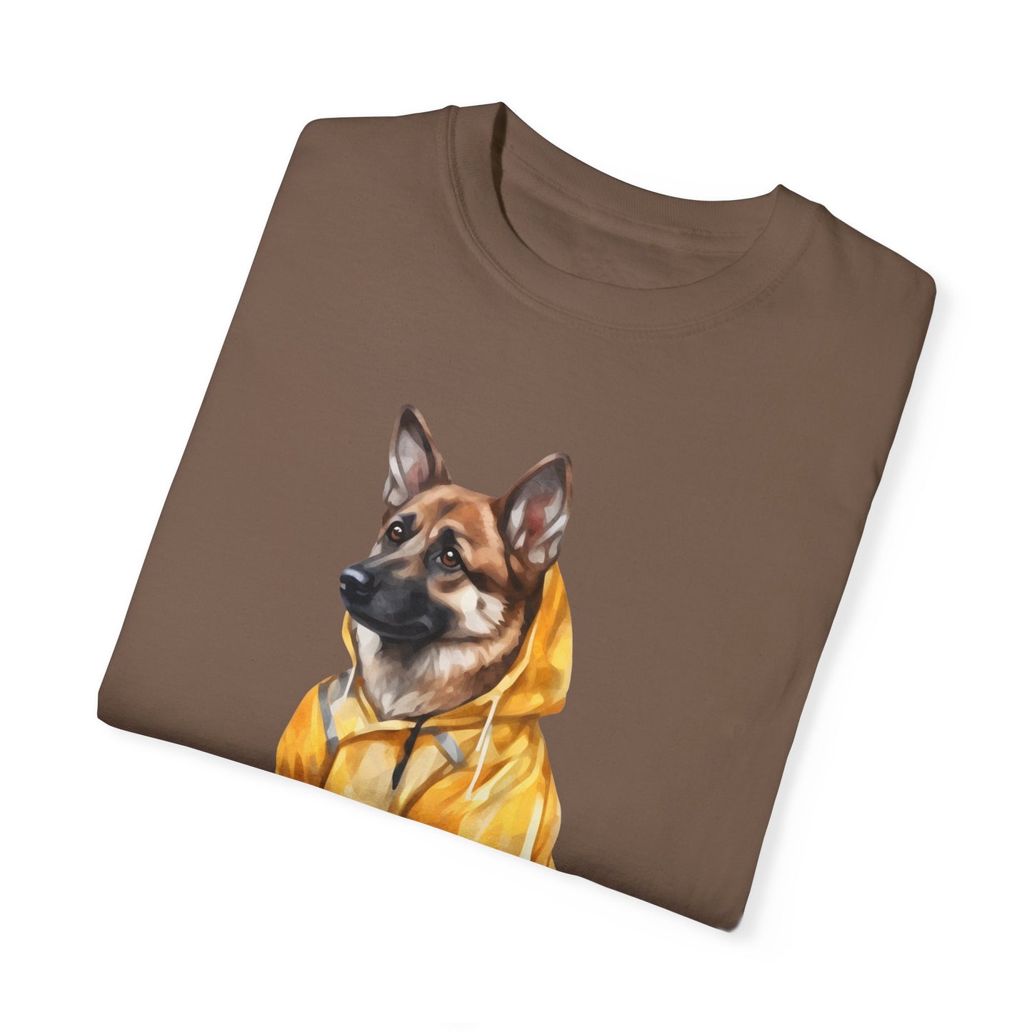 Unisex Dog Lover T-Shirt With a Graphic of German Shepherd Wearing a Yellow Rain Coat