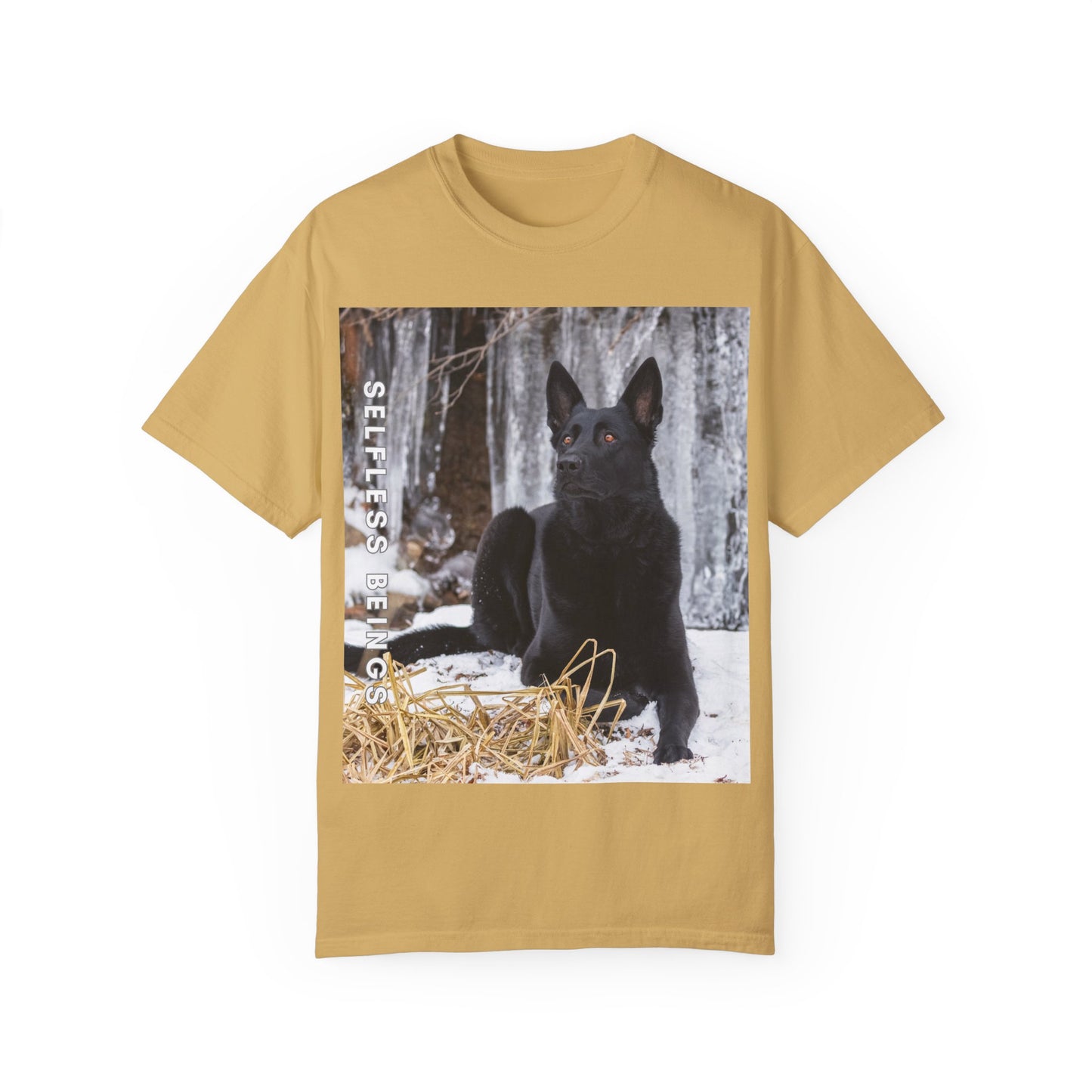 Unisex Dog Lover T-Shirt With Solid Black German Shepherd Sitting on the Snow, Ice Spikes in the Background and Caption Selfless Beings