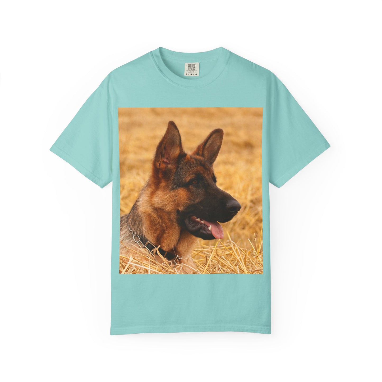 Unisex Dog Lovers T-Shirt Featuring German Shepherd Resting on the Dry Grass