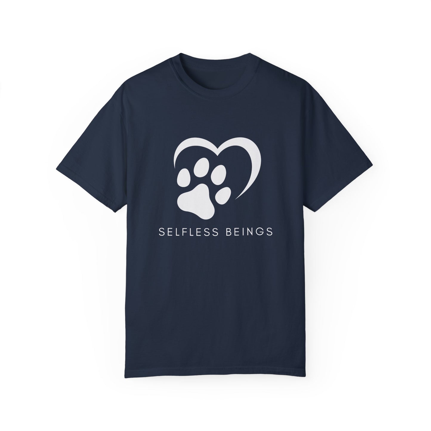 Unisex Dog Lover T-Shirt With Graphic of Half Heart and Dog Paw Print and Caption Selfless Beings Below