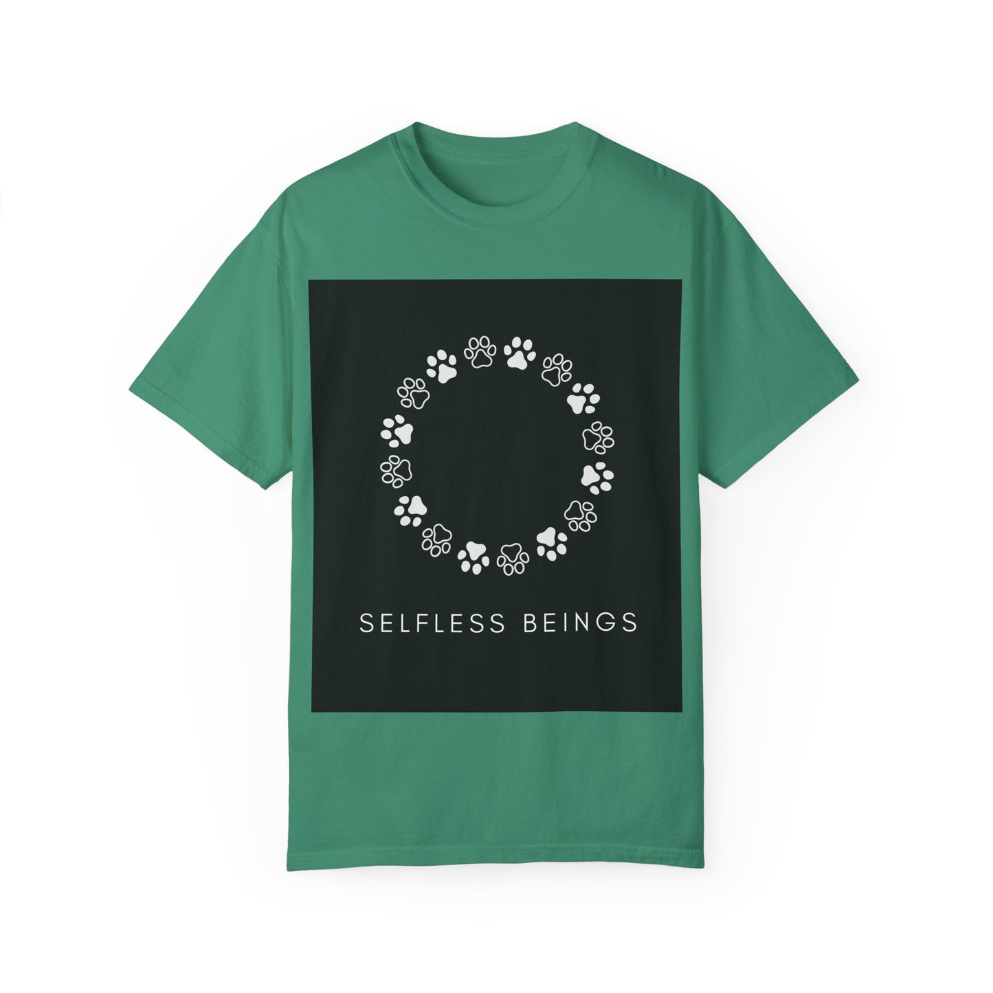 Unisex Dog Lover T-Shirt With Circular Frame Made of Dog Paw Prints and Caption Selfless Beings