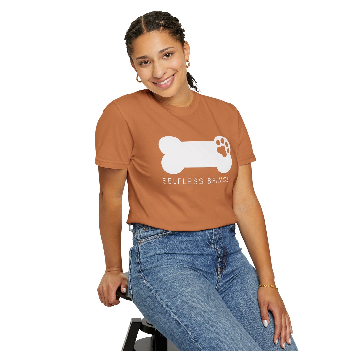 Unisex Dog Lover T-Shirt With Dog's Paw Print Inside a Bone and Caption Selfless Beings