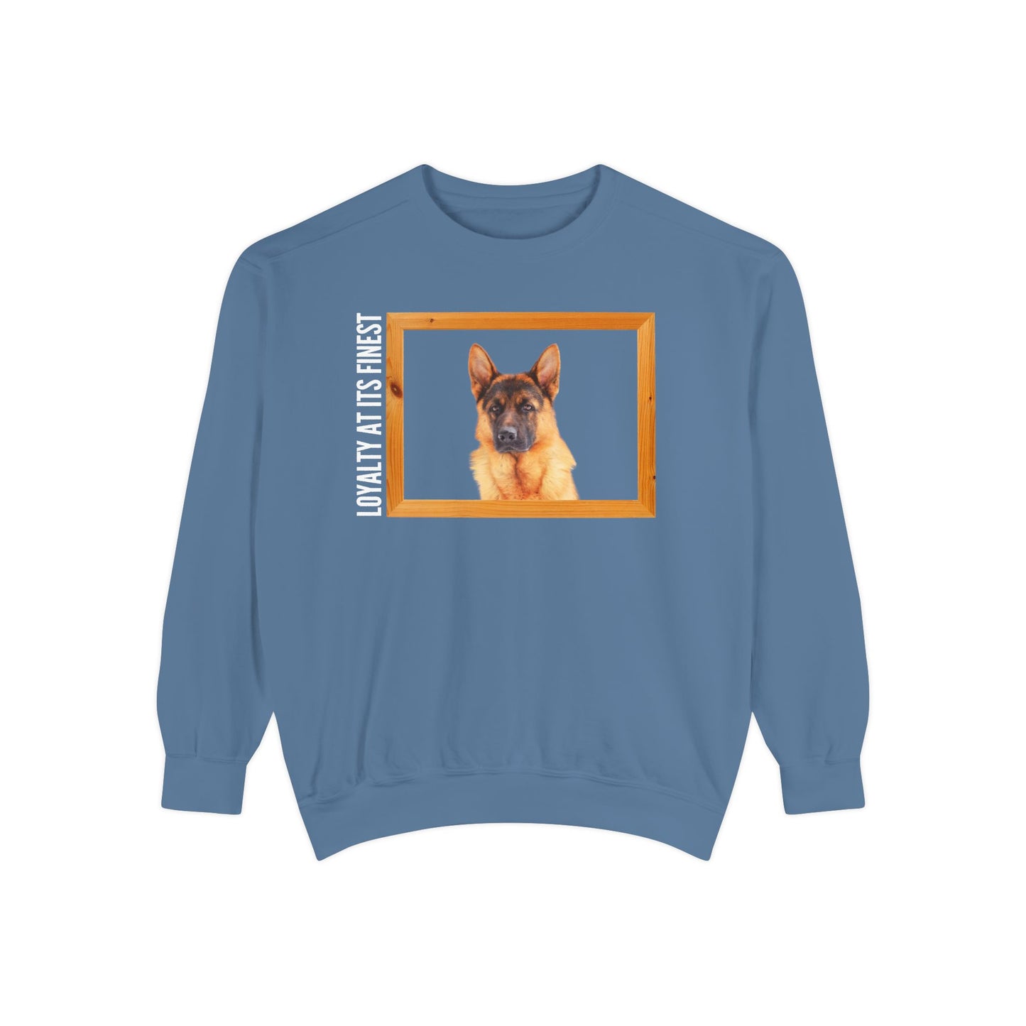 Unisex Dog Lover Sweatshirt With a German Shepherd's Head Inside a Wooden Frame and Caption Loyalty at Its Finest